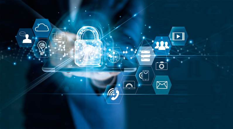 Data protection privacy concept. GDPR. EU. Cyber security network. Business man protecting data personal information on tablet. Padlock icon and internet technology networking connection on digital dark blue background.