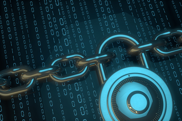 Computer security concept with padlock and chain on binary code background.